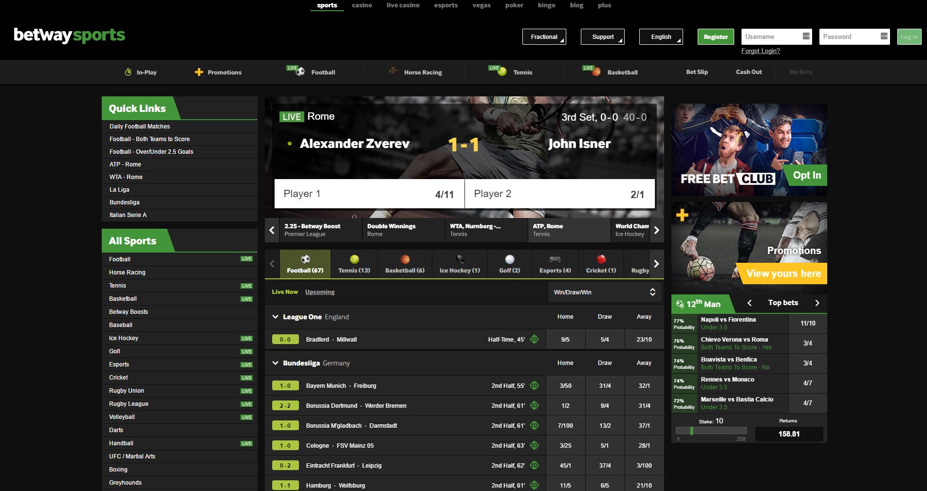 Betway Sportsbook Main Page