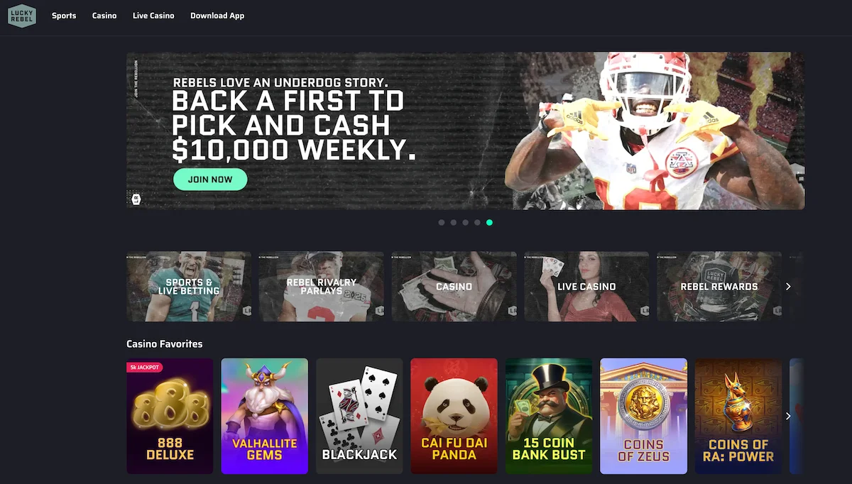 Lucky Rebel Casino and Sportsbook Review home page
