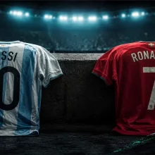 Messi vs Ronaldo GOAT Debate Player Jerseys on Ledge