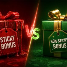 Sticky VS Non-Sticky Bonuses Red and Green Gift Box on Casino Table