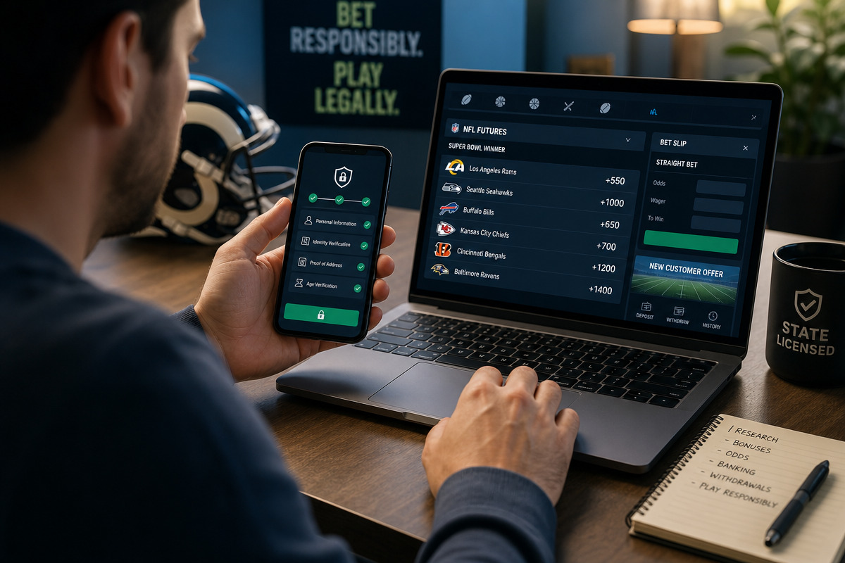 An adult compares sportsbook apps on a phone and laptop at a desk while reviewing bonus and verification details.