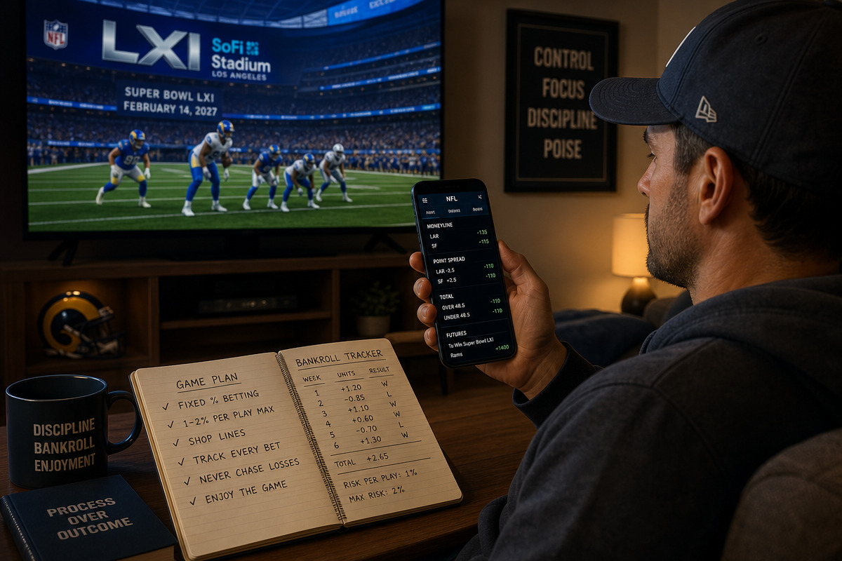 An adult studies simple wagers and bankroll notes at home beside a phone as a football game plays on TV.