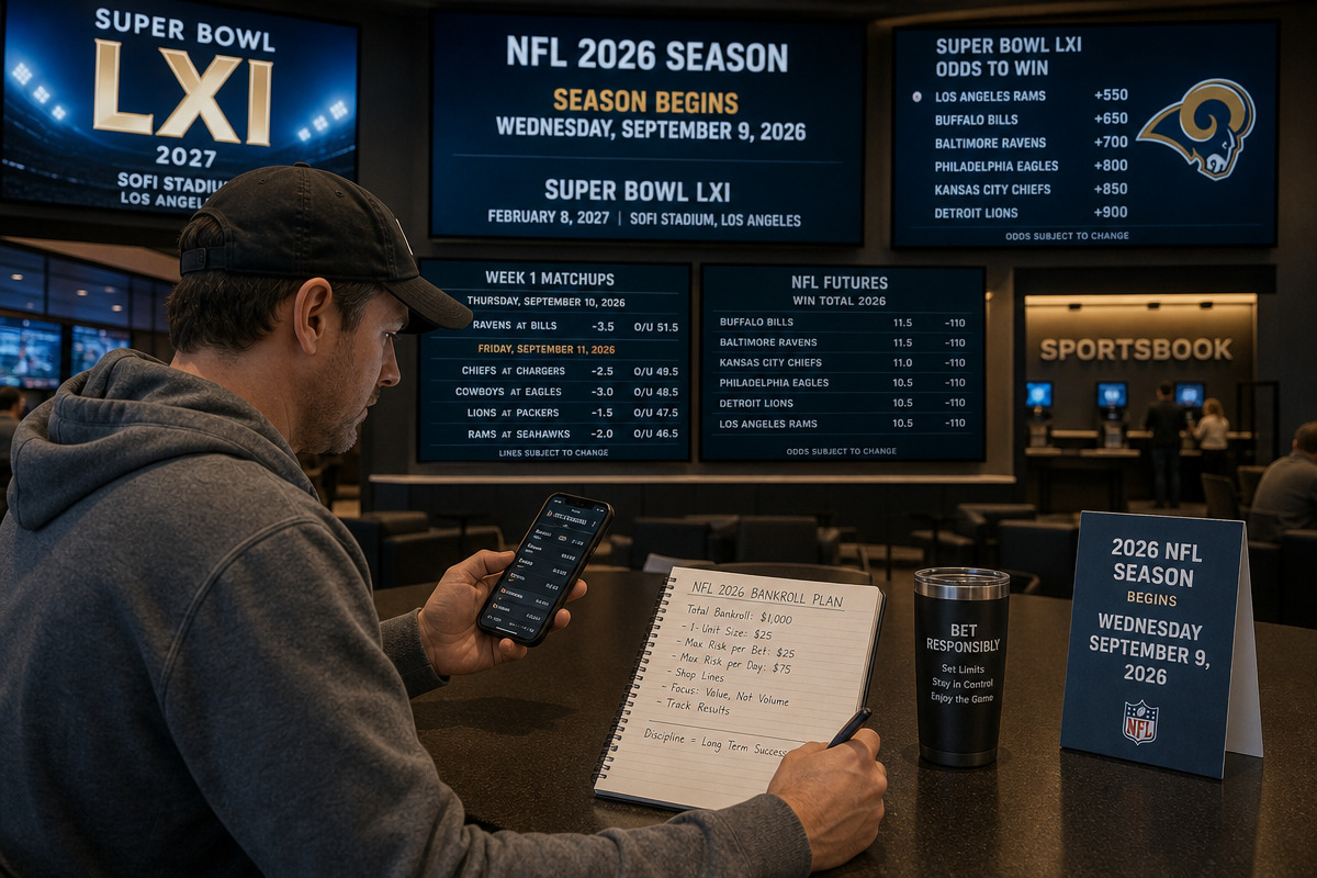 An adult reviews a betting app and bankroll notes inside a legal sportsbook before the 2026 NFL season kickoff.