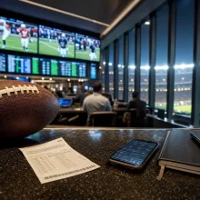 A bettor checks NFL odds and a sportsbook app on a laptop before kickoff.
