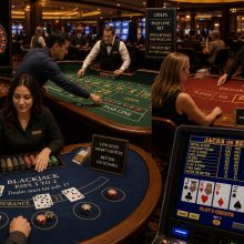 Players review blackjack, craps, baccarat and video poker on a polished casino floor near European roulette.