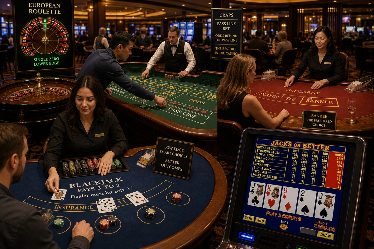 Players review blackjack, craps, baccarat and video poker on a polished casino floor near European roulette.